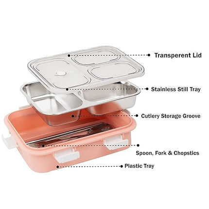 Leakage Proof Stainless Steel Lunch Box with Spoon & Fork with 3 Compartment for School Kids and Adults
