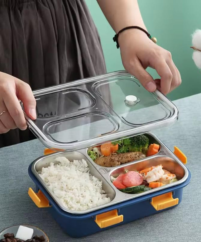 Leakage Proof Stainless Steel Lunch Box with Spoon & Fork with 3 Compartment for School Kids and Adults